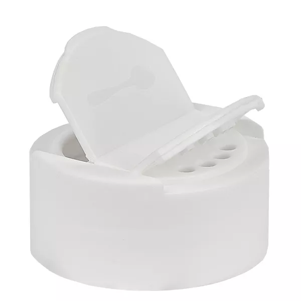 Zout/kruidenpot deksel met dubbele opening wit - Dubbel: 4 gaten ø3mm en 1 gat ø29mm. Schroefdraad 41mm. Uitklapbaar scharnier. PP.