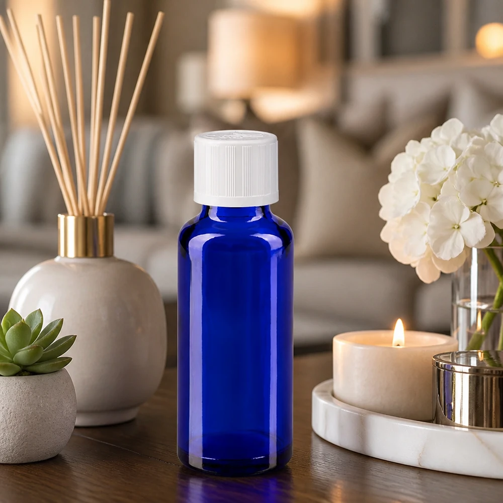 Blauwe glazen flessen 30ml met wit schroefsluiting kinderslot St Blauwe glazen fles met UV-bescherming van 30 ml met een witte KiSi-dop, naast een kaars en bloemen