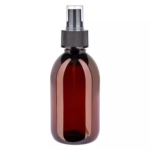 250 ml PET medicijnfles met verstuiver zwart GCMI 28/410 incl. dop transparant, standaard 250 ml PET medicijnfles met verstuiver zwart GCMI 28/410 incl. dop transparant, standaard