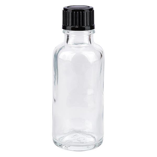 Helder glazen flessen 30ml met zwart schroefsluiting1mm St Helder glazen flessen 30ml met zwart schroefsluiting1mm St