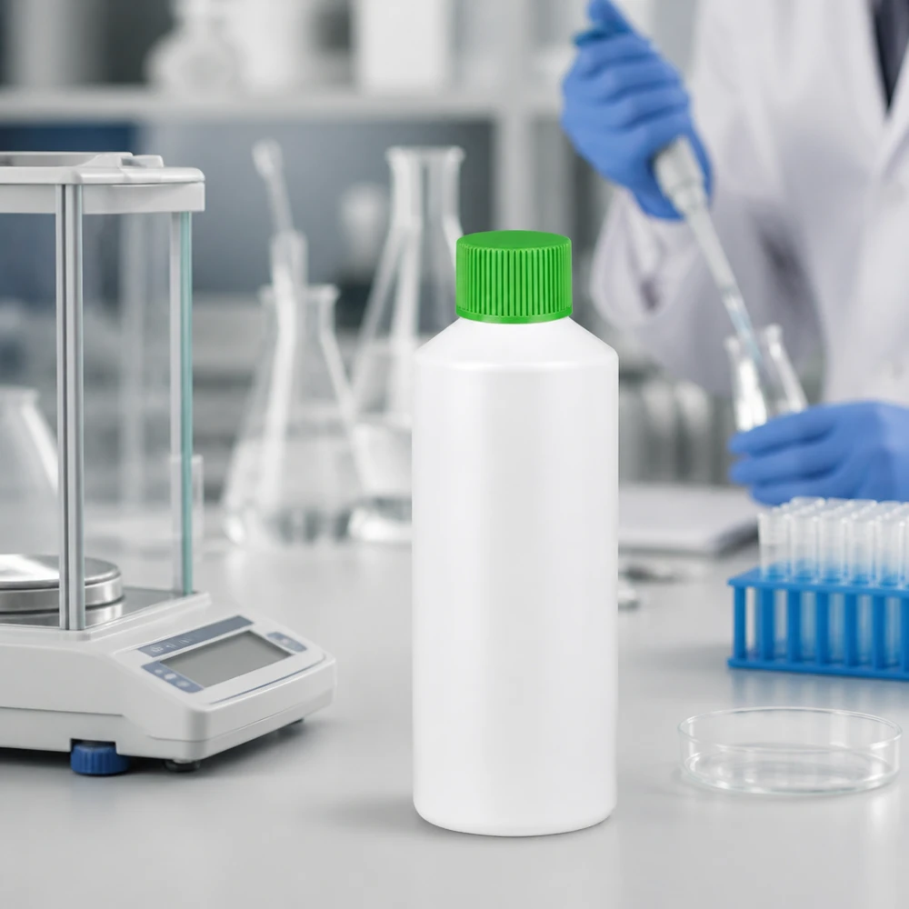 100 ml apothekersfles met brede hals van HDPE in wit met een groene originaliteitssluiting, vervaardigd in een cleanroom