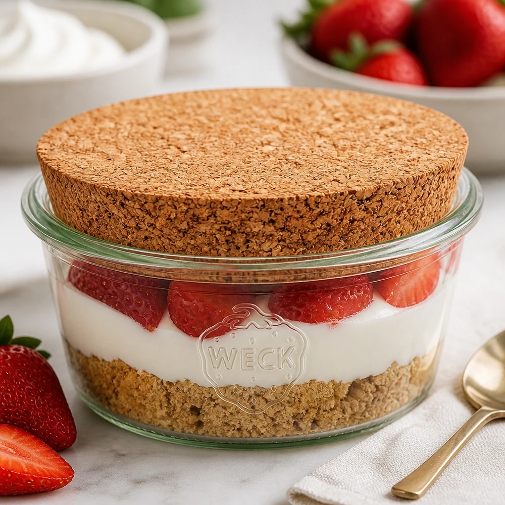 290ml stortglas laag WECK RR80 met kurk WECK beker 290ml RR100 met natuurkurk als gelaagde dessertpot voor tiramisu gevuld met aardbeien