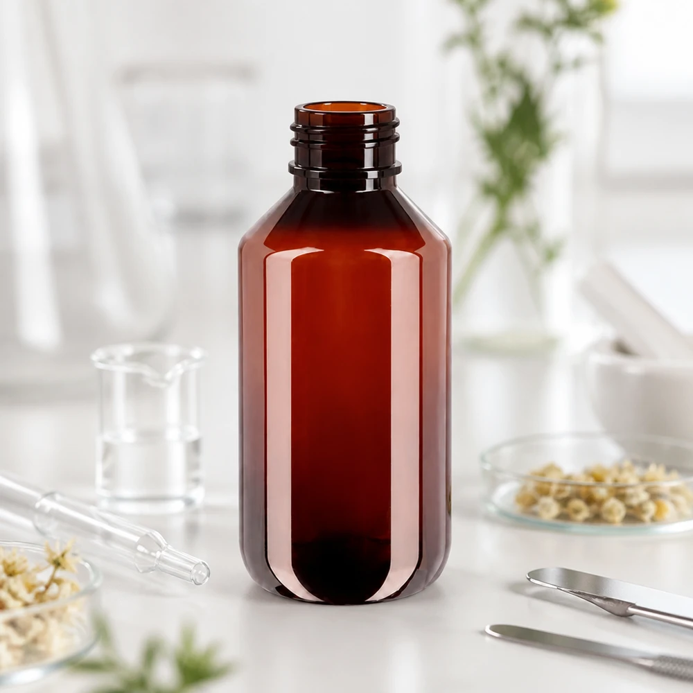 PET-fles 200ml met wit geribbeld OV Slanke bruine PET-apothekersfles van 200 ml met een witte, geribbelde verzegeling