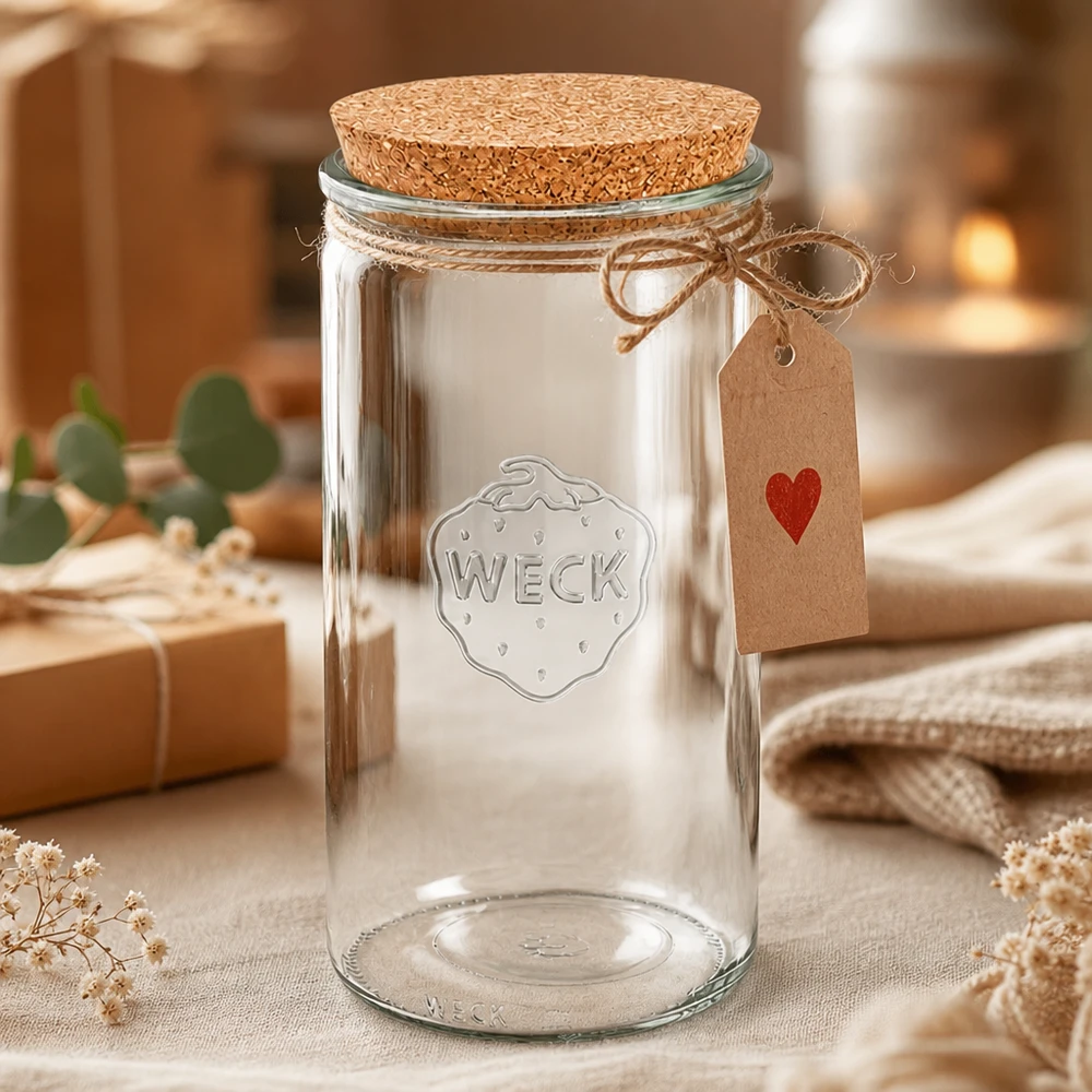 WECK inmaakpot 1590ml RR100 met kurken deksel en cadeaulabel decoratief bewerkt met textiel en bloemen