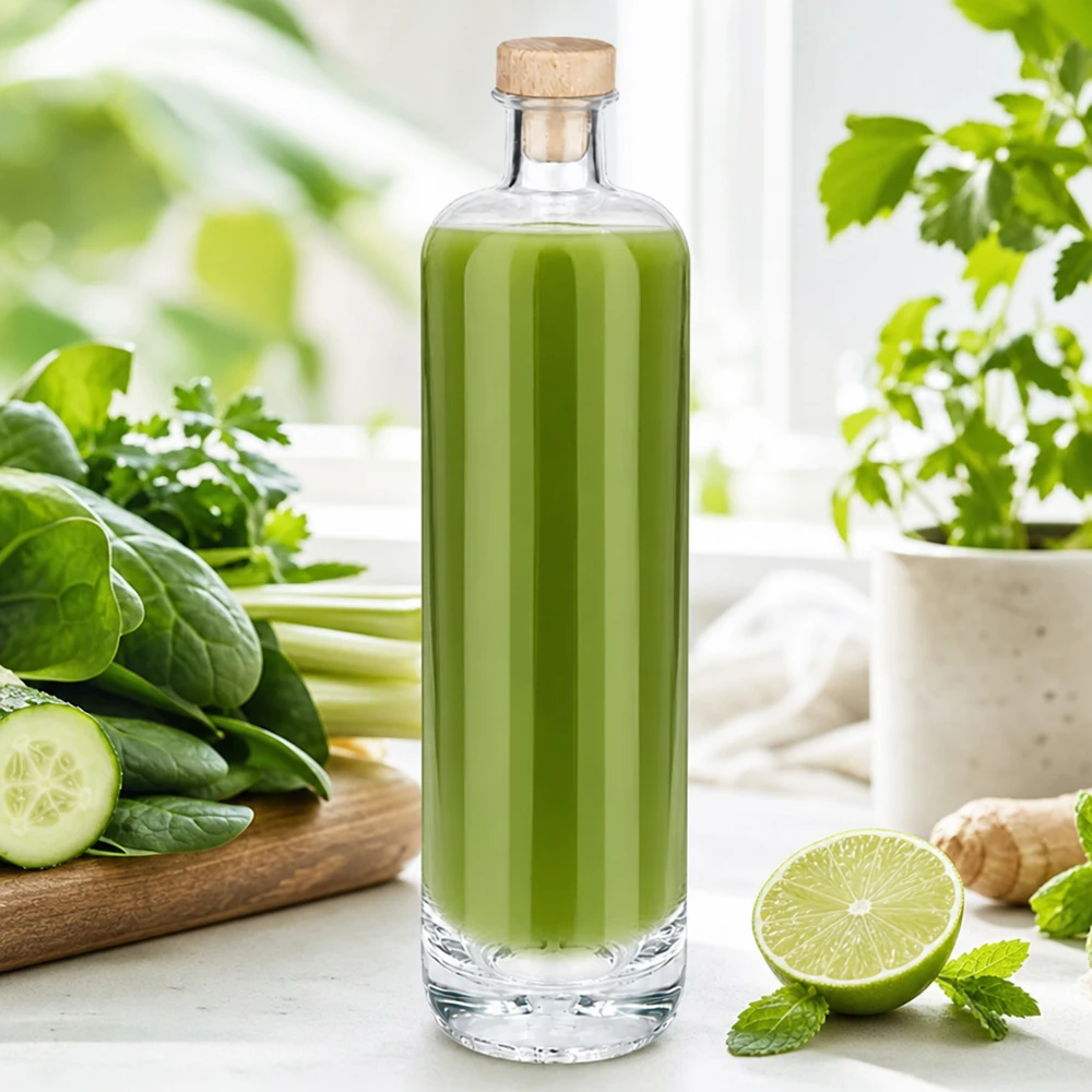 700ml glazen fles Ella gevuld met groene smoothie en houten kurk tussen verse komkommer, limoen en kruiden