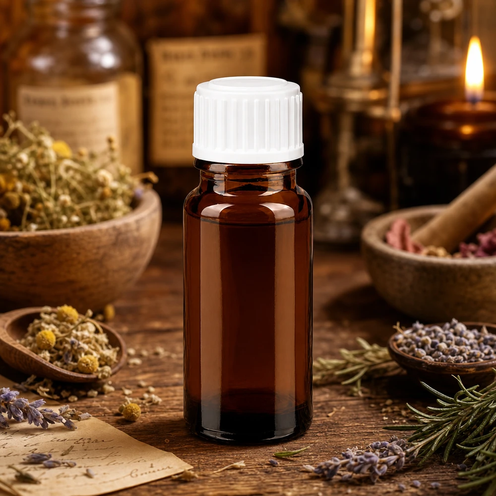 Bruine glazen fles 10ml met wit schroefsluiting St Cilindrische apothekersfles van bruin glas, 10 ml, met witte dop, naast kamillebloemen en lavendel