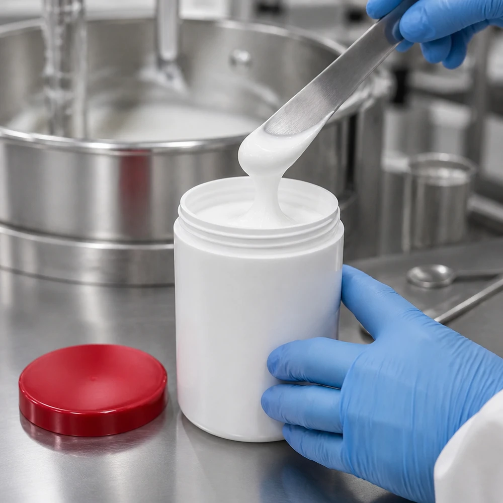 Witte PP-pot van 250 g, cilindervormig, met rode schroefdop op een roestvrijstalen oppervlak