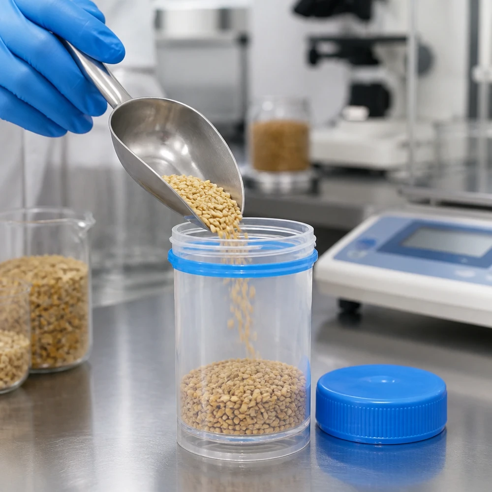 Een voedselmonster van graankorrels wordt in een doorzichtig laboratoriumpotje van 35 ml gedaan