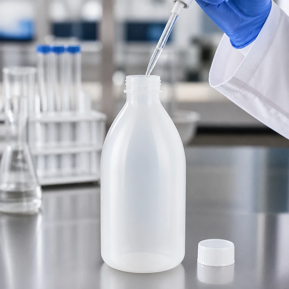 Nauwe hals laboratoriumfles 1000ml met schroefsluiting Schraubflasche 1000ml mit geöffnetem Deckel wird mit Laborflüssigkeit befüllt