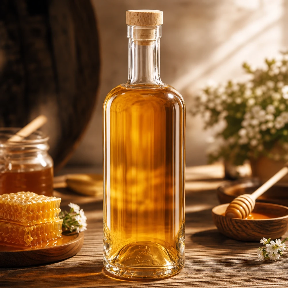 Glasflasche Emma 750ml mit Holzkorken gefüllt mit Honig in rustikaler Küche mit Bienenwaben und Honigzubehör
