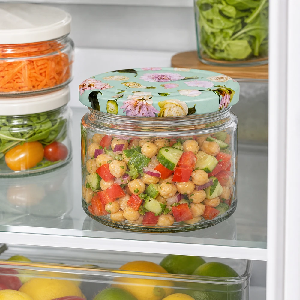 Ronde pot van 330 ml + deksel BasicSeal bloem mint UNiTWIST Kikkererwtensalade in 330 ml ronde pot met BasicSeal deksel bloem mint koelkast maaltijd prep opslagcontainer