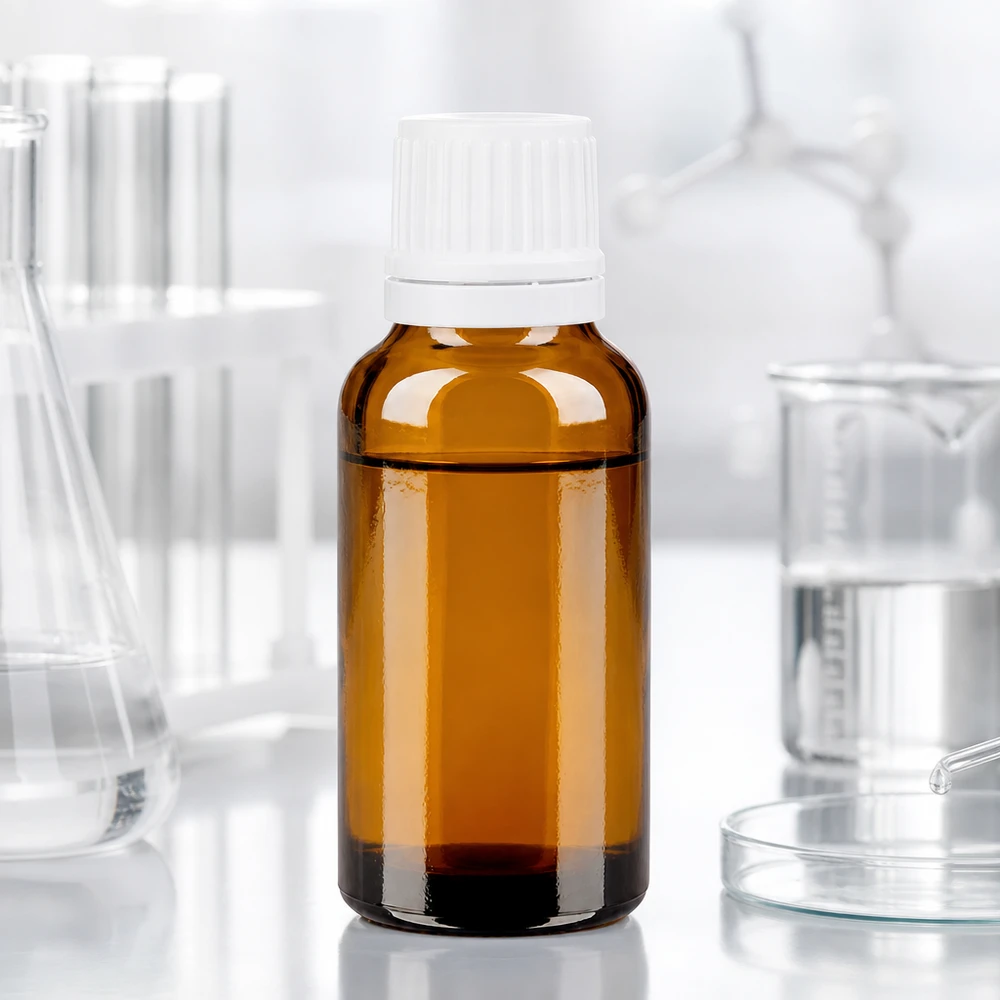 Bruinglazen apothekersflesje van 20 ml, smal, met een hals van 11 mm en een witte kunststof dop
