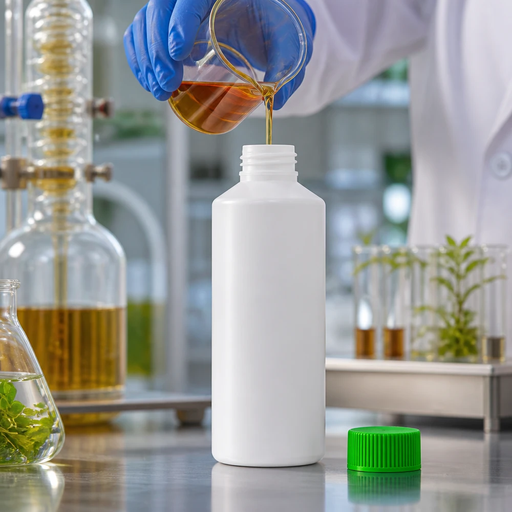 Witte ronde HDPE-fles van 100 ml met groene SV in een professionele laboratoriumomgeving
