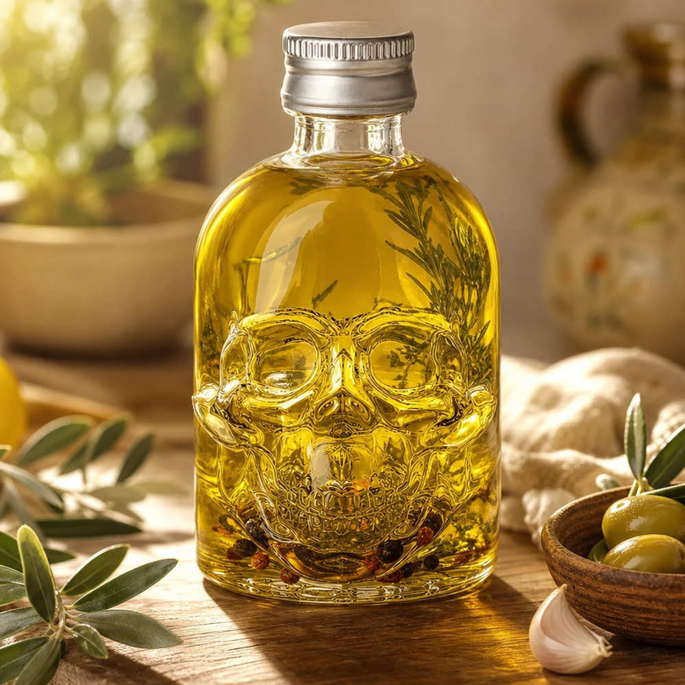 50 ml glazen fles Hector en schroefdop zilver UNiTWIST® Glazen Hector-fles van 50 ml gevuld met olijfolie en kruiden naast olijven en knoflook in de mediterrane keuken