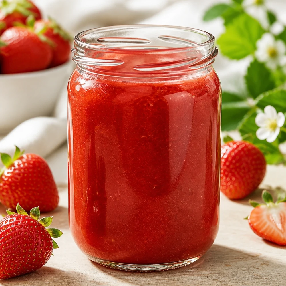 Inmaakpot van 555 ml gevuld met gladde aardbeienpuree, ideaal om in te maken en te bewaren