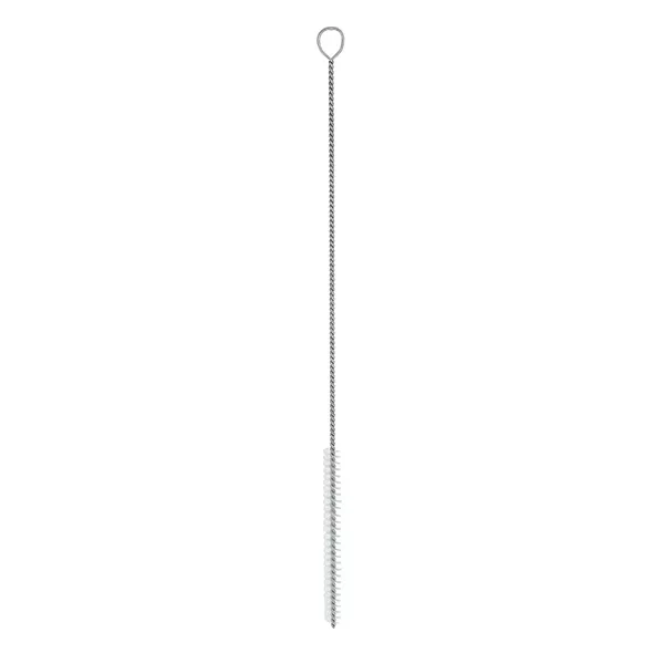 Reinigingsborstel rond maat L met oogje ⌀8mm. Ideaal voor het schoonmaken van pipetten en trechters. Gemaakt van nylon haren. 27cm totale lengte.