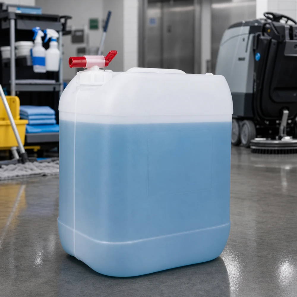 20l jerrycan met aftapkraan, UN-toelating Een lichtblauwe jerrycan van 20 liter met een rode kraan in de sector van de professionele reiniging