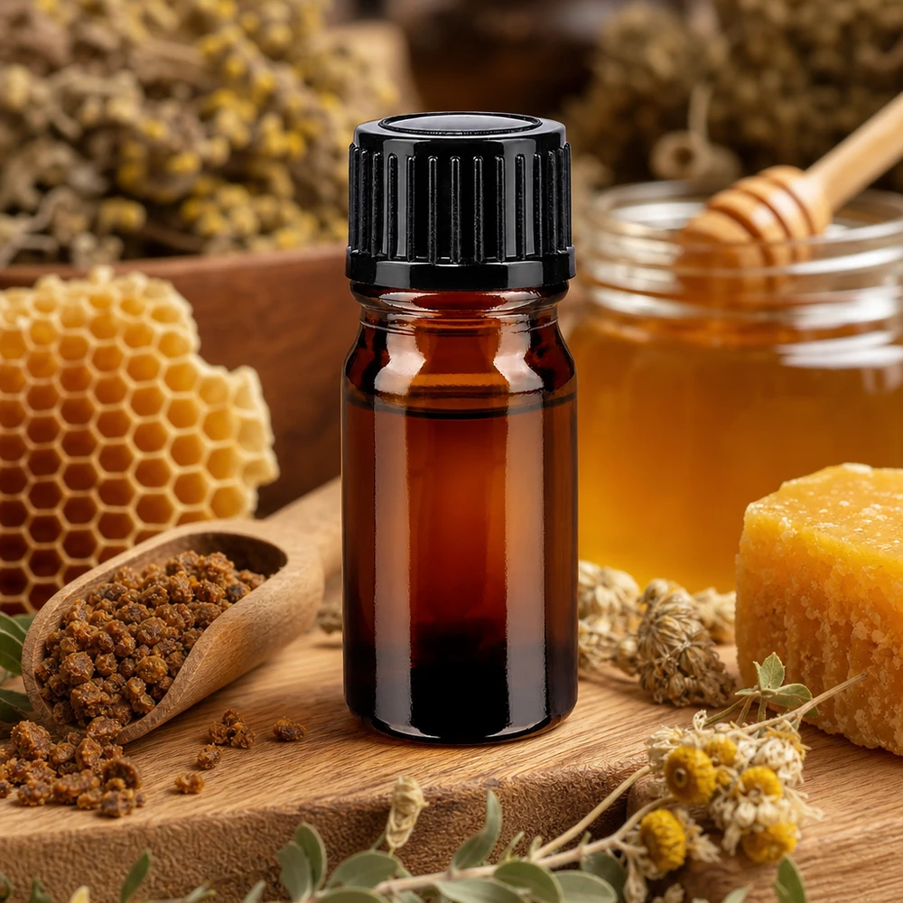 Bruine glazen fles 5ml met zwart schroefsluiting St Bruin miniatuurflesje van 5 ml met kindveilige schroefdop, naast kamille en honingraat