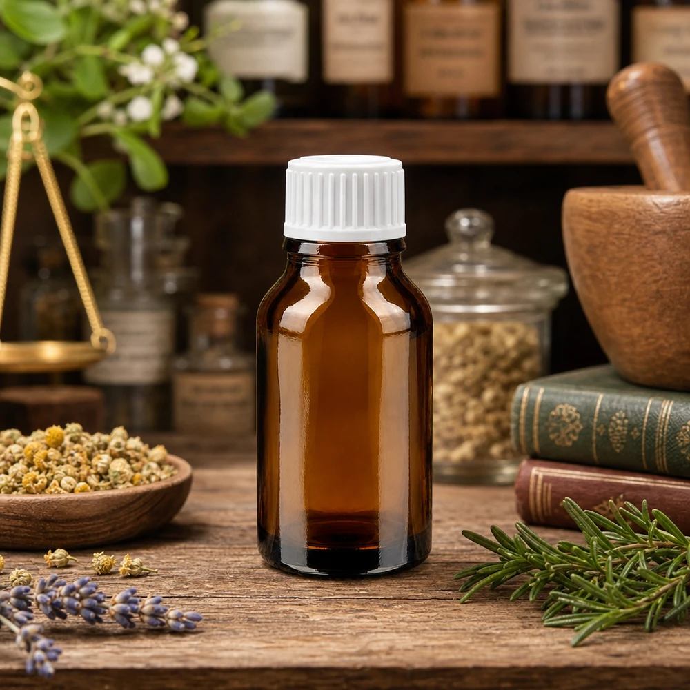 Bruine glazen fles 15ml met wit schroefsluiting St Apotheekflesje van 15 ml, bruin glas met witte dop, voor historische boeken en een kruidenapotheek