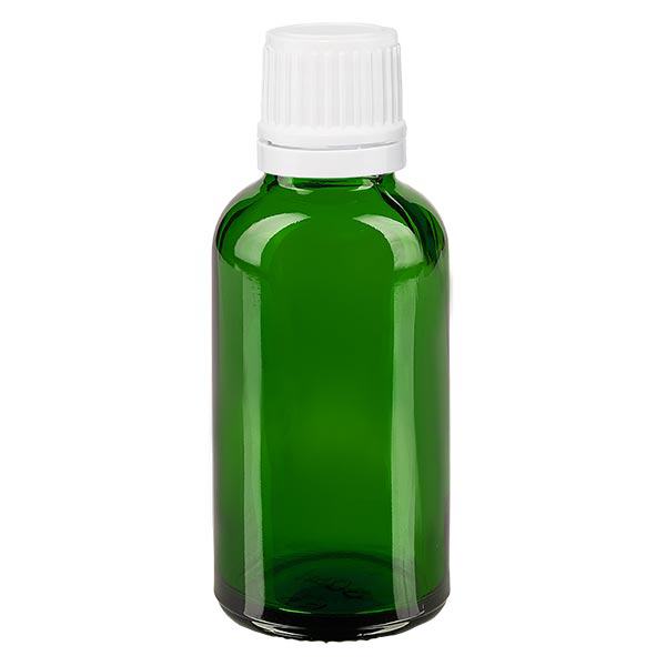 Groenen glazen flessen 30ml met wit druppelsluiting 1.2mm VR Groenen glazen flessen 30ml met wit druppelsluiting 1.2mm VR