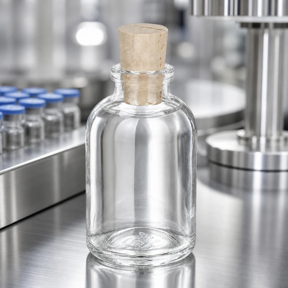 Injectiefles helder glas 50ml met kurk 11/14mm Leere Glasflasche mit breitem Korkverschluss auf glänzender Edelstahlarbeitsplatte im Reinraum