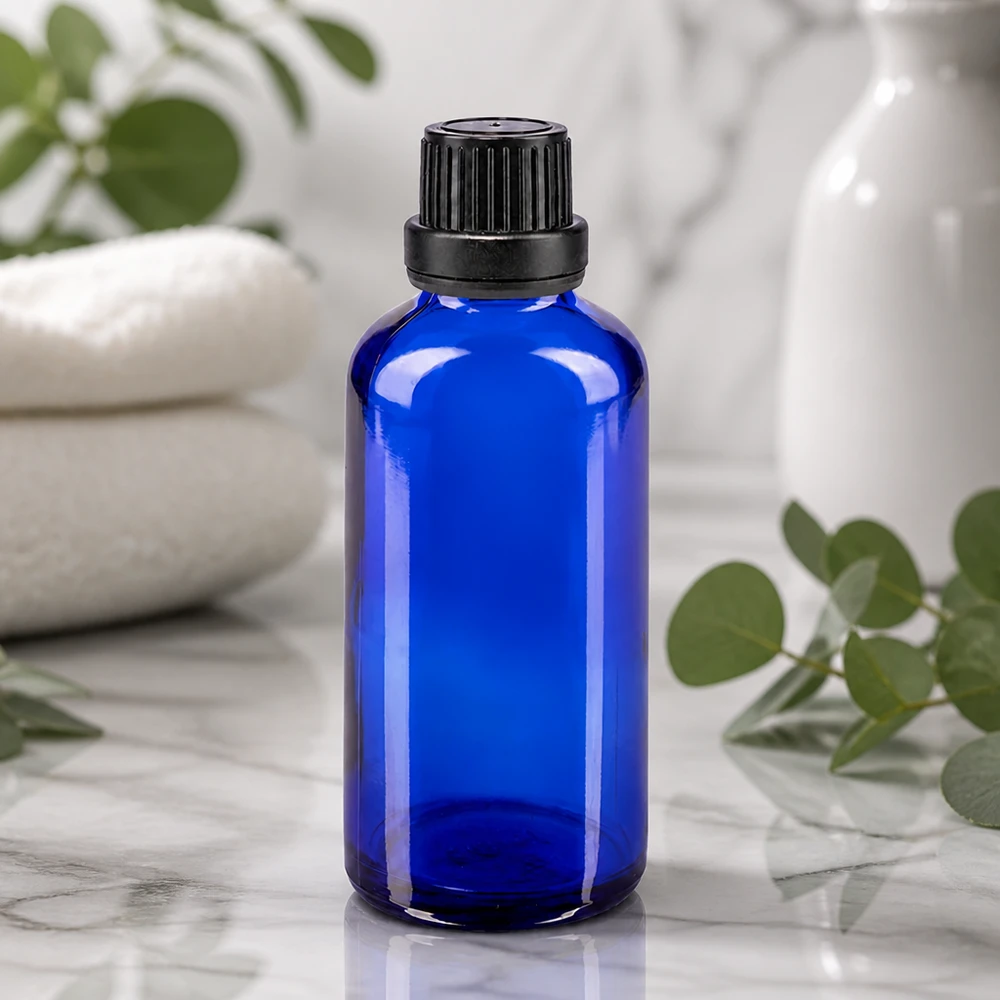 Glazen flesje met UV-bescherming, 50 ml, blauw, met verzegelde dop, voor natuurlijke cosmetica en oliën