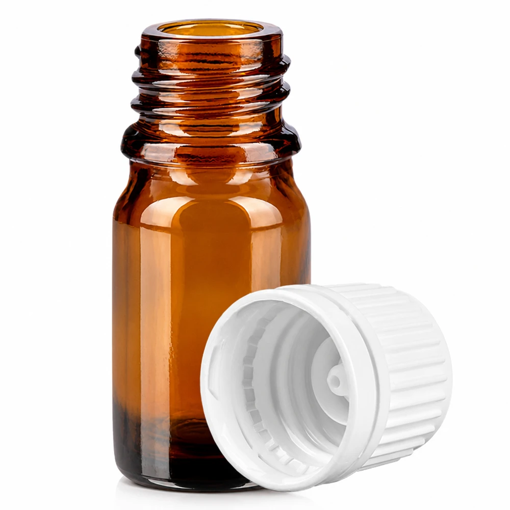 5ml flesje 11mm SV wit OV BrownLine UT18/5 5ml amberkleurig apothekersflesje met kinderslot en witte dop voor veilig bewaren