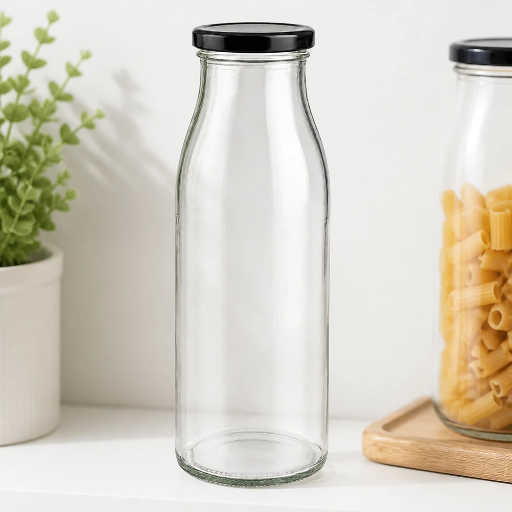 500ml glazen fles transparant leeg met zwart BasicSeal deksel in stijlvol keukendesign met pasta en kruiden