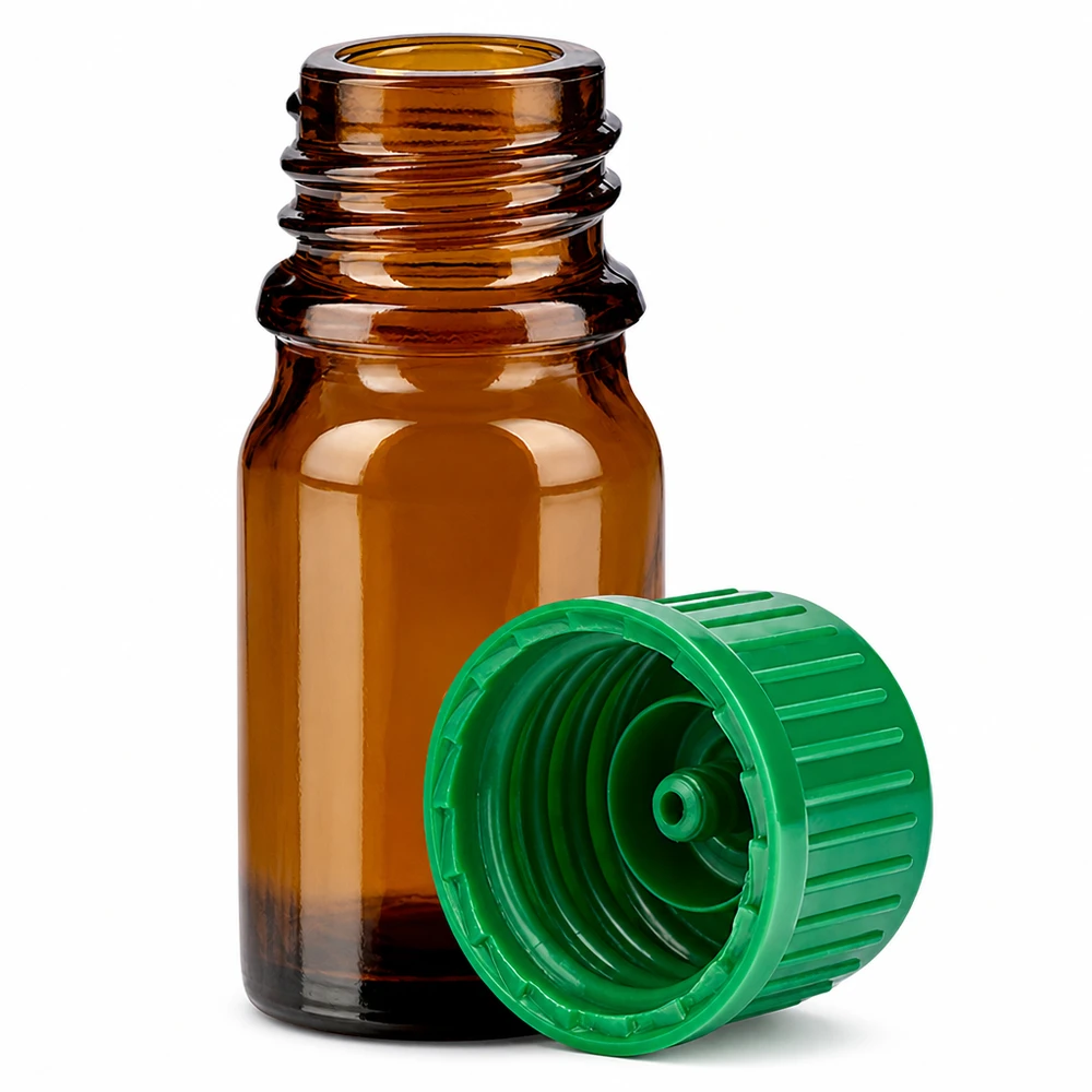 5ml bruin glazen flesje met groene dop voor aromatherapie en cosmetica