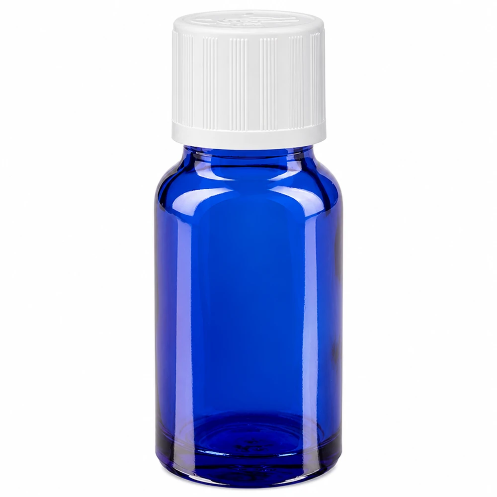 Druppelflesje van 10 ml, blauw borosilicaatglas, met witte kindveilige dop en een opening van 1,2 mm