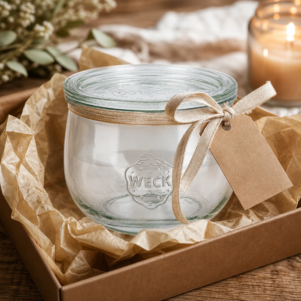 WECK tulpenpot 580ml RR100 als cadeau-idee gepresenteerd in een doos met decoratiestrik en label