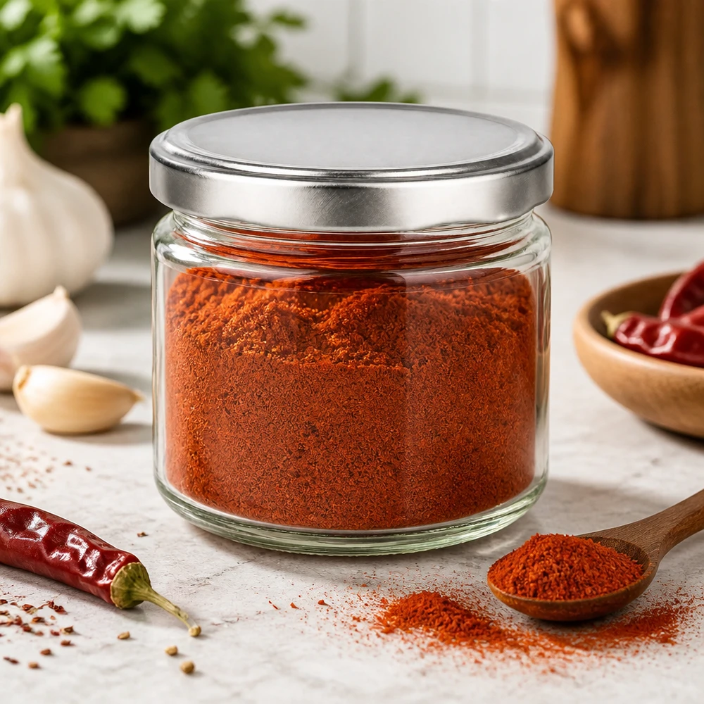 330ml rond potje met BasicSeal deksel gevuld met paprikapoeder in keuken omgeving kruidenpotje voorraadpotje