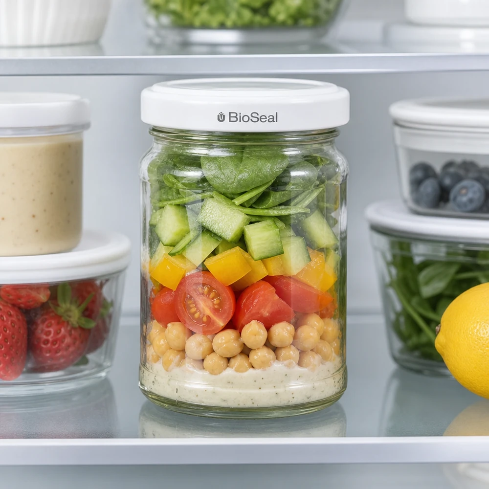 UNiTWIST Runda205 met TO58 BioSeal deksel als meal prep pot in de koelkast gevuld met salade en kikkererwten