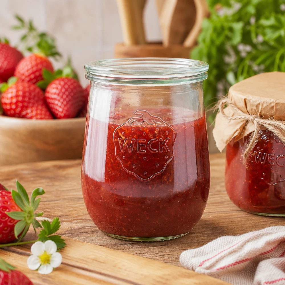 WECK inmaakpot 1062ml gevuld met aardbeienjam op houten plank naast verse aardbeien en keukendoek