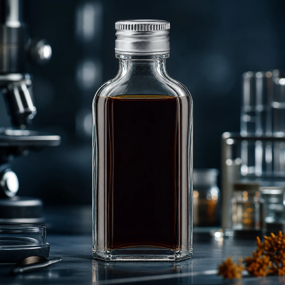 Miniatuur glazen flesje van 50 ml in Meplat-vorm met een zilverkleurige PP22-sluiting op een donkere laboratoriumachtergrond