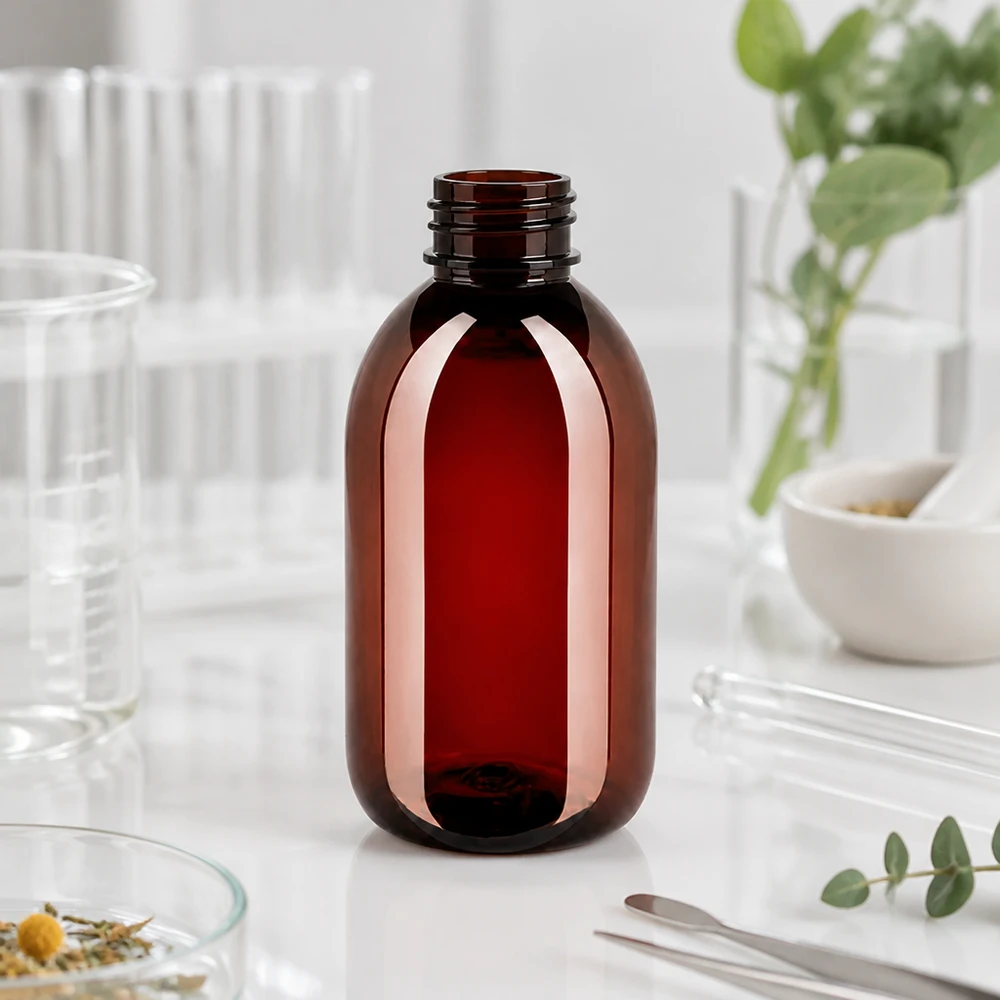 PET-fles 250 ml met witte flip-top dop. Cilindrische farmaceutische fles van 250 ml, gemaakt van PET-kunststof, in klassieke apotheekvorm, amberkleurig
