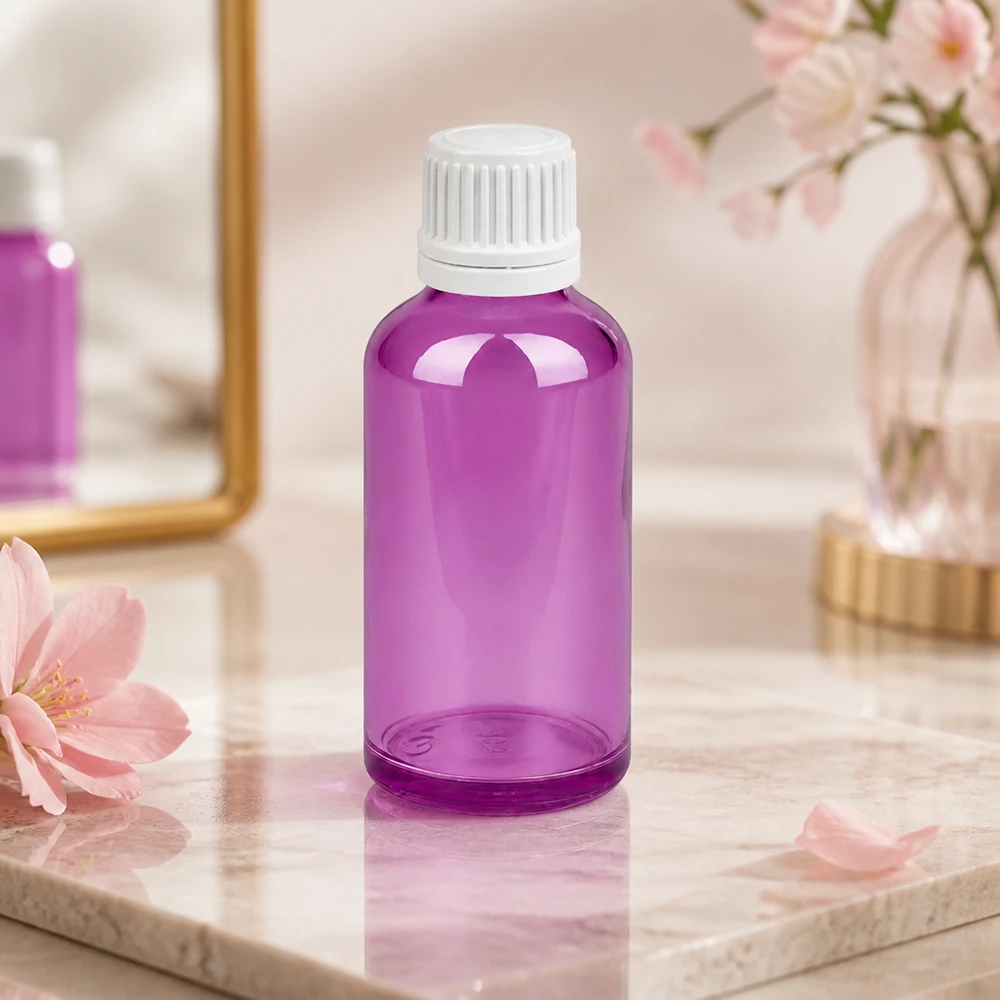 Moderne 50 ml fles in trendy paars met veilige witte schroefdop