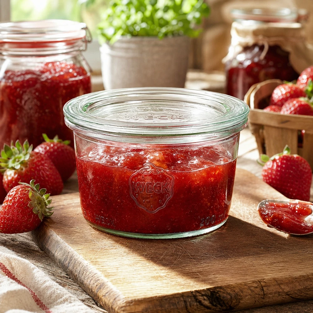 WECK 200ml RR80 mason jar gevuld met zelfgemaakte aardbeienjam op een houten plank met verse aardbeien