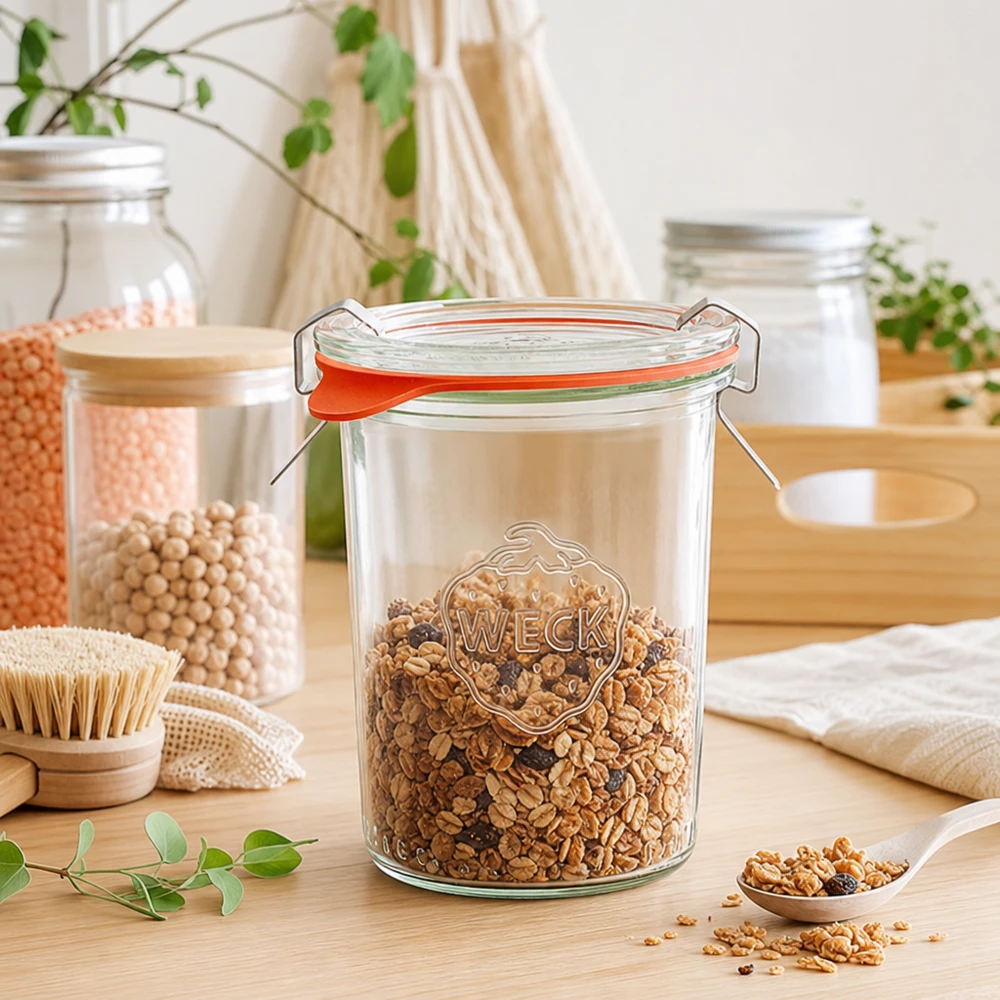 WECK 160ml RR60 mueslipot gevuld met muesli in een duurzame zero-waste keuken voor milieuvriendelijke opslag