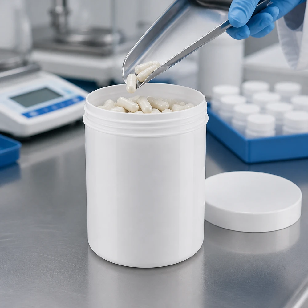 Zalfpot 75 g wit met schroefdeksel wit (PP) Wit PP-kunststof potje van 75 g voor laboratoriumgebruik, met schroefdeksel, geschikt voor capsules