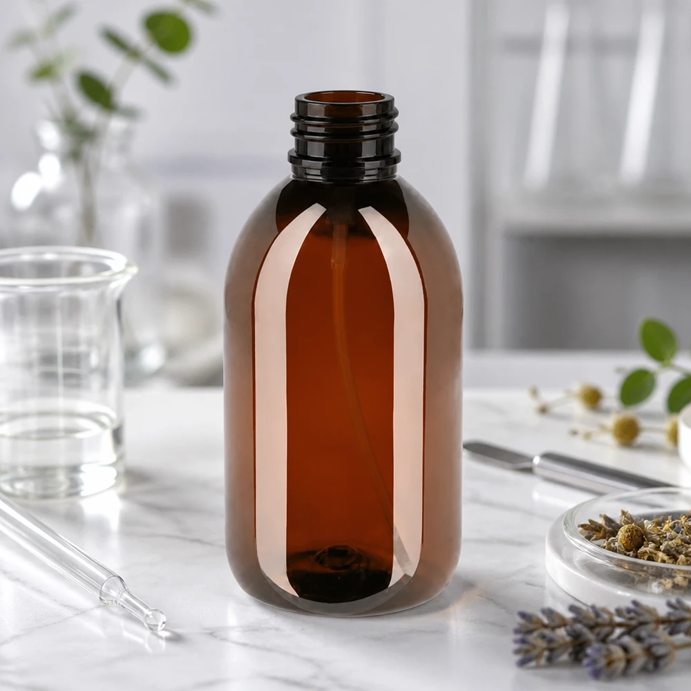 250 ml PET medicijnfles met verstuiver zwart GCMI 28/410 incl. dop transparant, standaard Kompakte braune Kunststoffflasche 250ml mit Gewindehals für Kosmetik und Aromatherapie