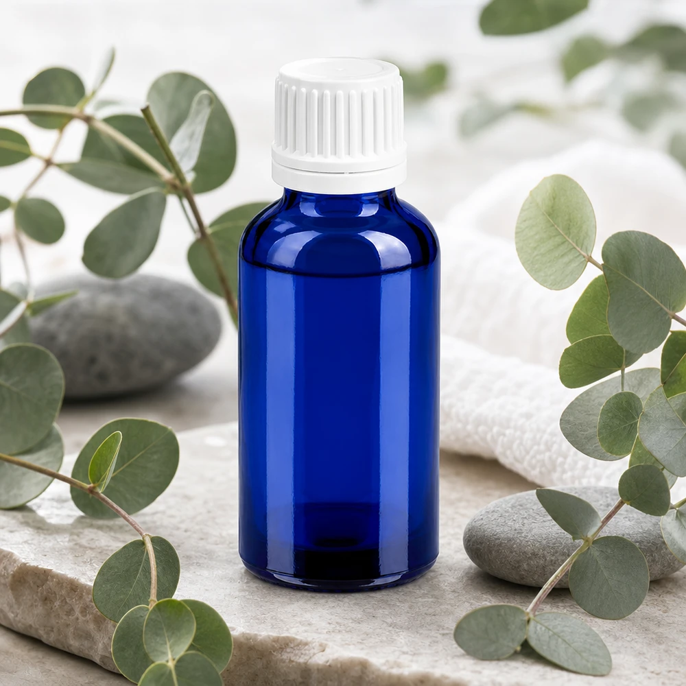 Glazen apothekersfles 30ml in blauw met witte dop voor farmaceutische toepassingen