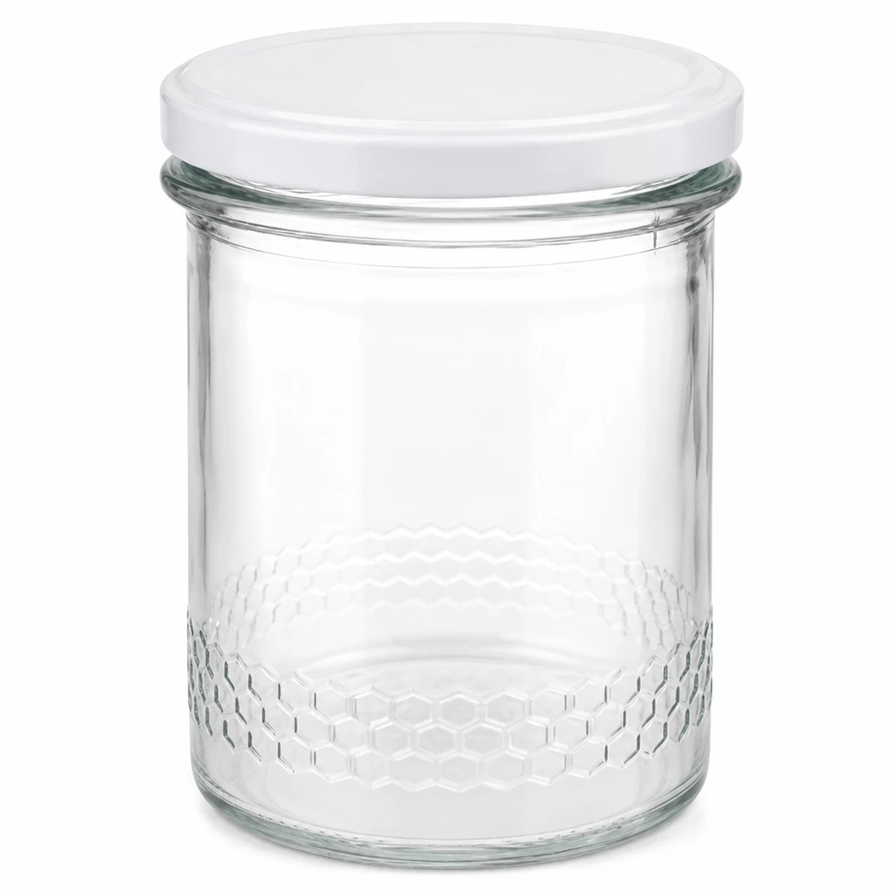 400 ml honingpot met wit BasicSeal deksel UNiTWIST transparante pot met honingraatpatroon op de bodem