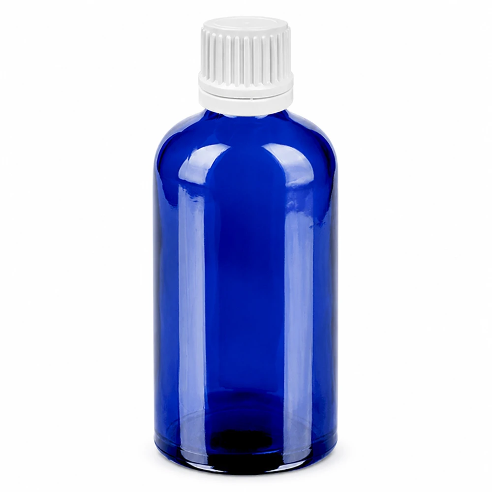 100ml druppelfles 0.7mm wit OV BlueLine UT18/100 Blauwe glazen fles 100ml met witte druppeldop en 0,7mm opening voor nauwkeurig doseren