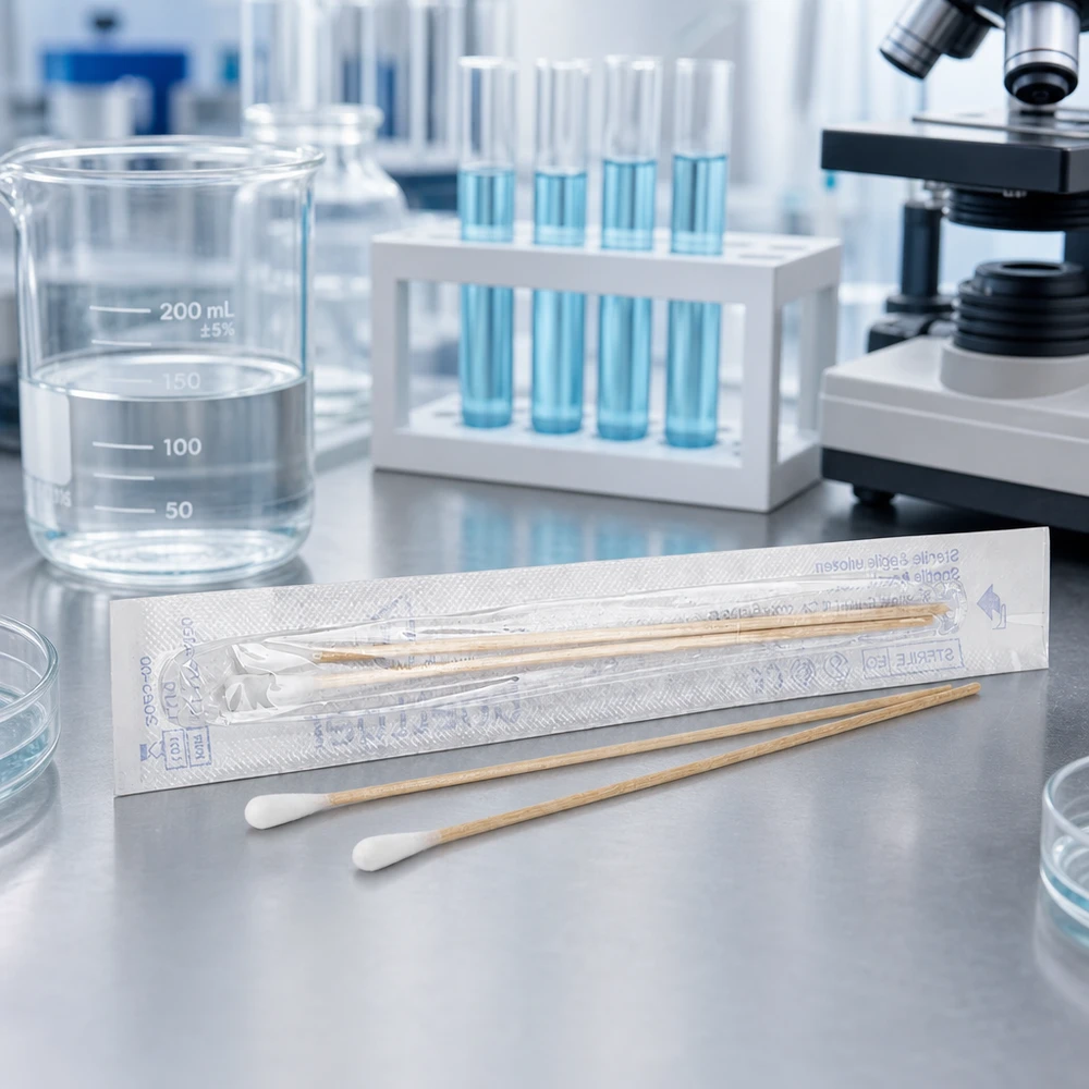 Wattenstaafjes STERIEL 1 paar Steriele uitstrijkstaafjes, 2 stuks, met een witte wattenkop en een bruin houten staafje, in het laboratorium