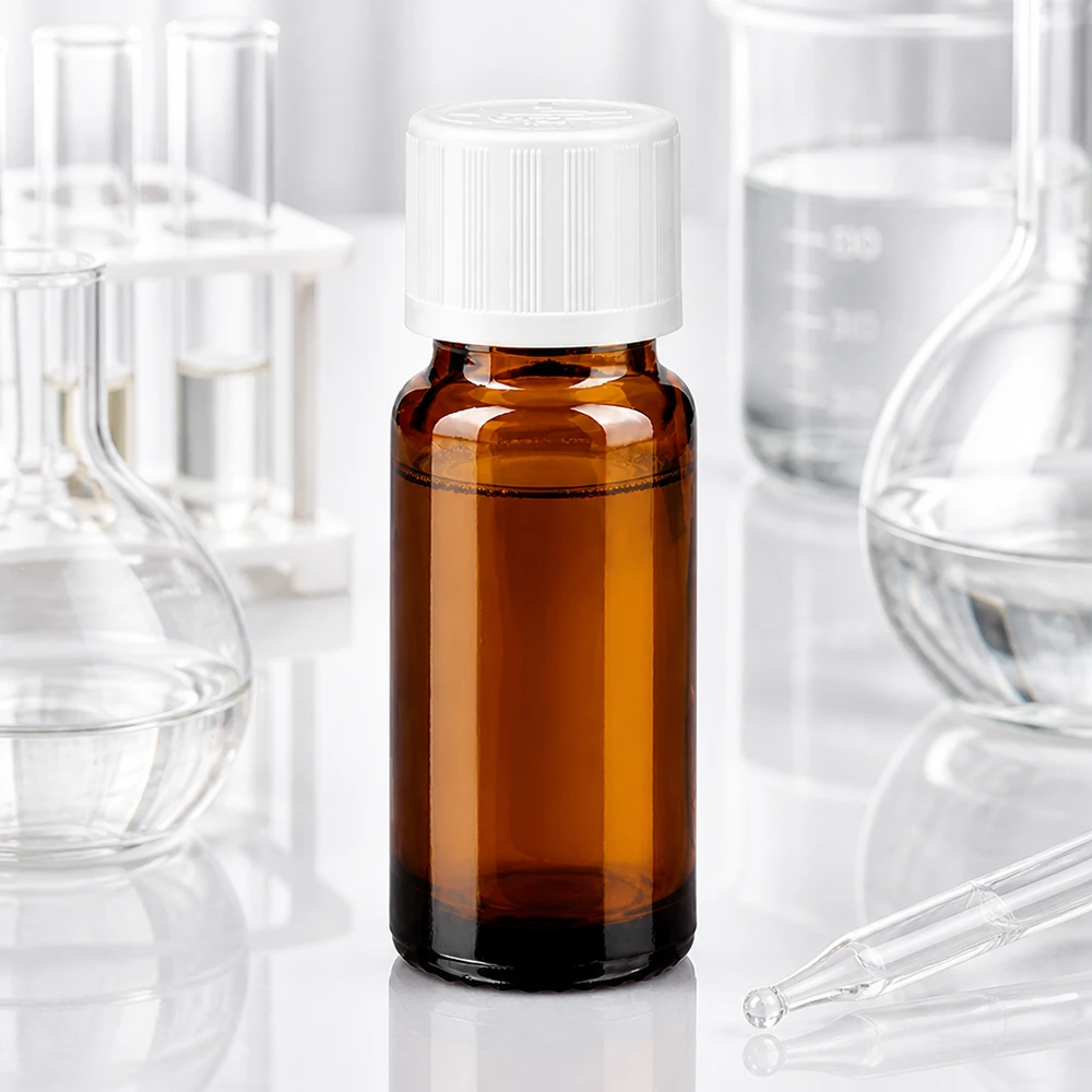 Bruine glazen fles 10ml met wit druppelsluiting kinderslot St Bruin glazen flesje van 10 ml met een druppeldop van 1,2 mm, tussen de Erlenmeyer-kolf en de reageerbuisjes
