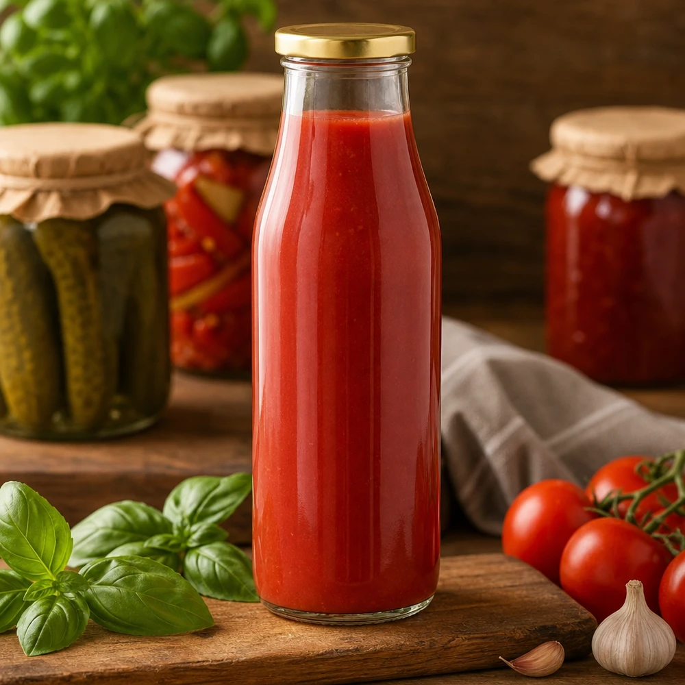 500ml fles met BasicSeal deksel goud UNiTWIST 500ml Glasflasche mit Tomatensaft gefüllt zeigt praktische Verwendung für hausgemachte Säfte und Konserven