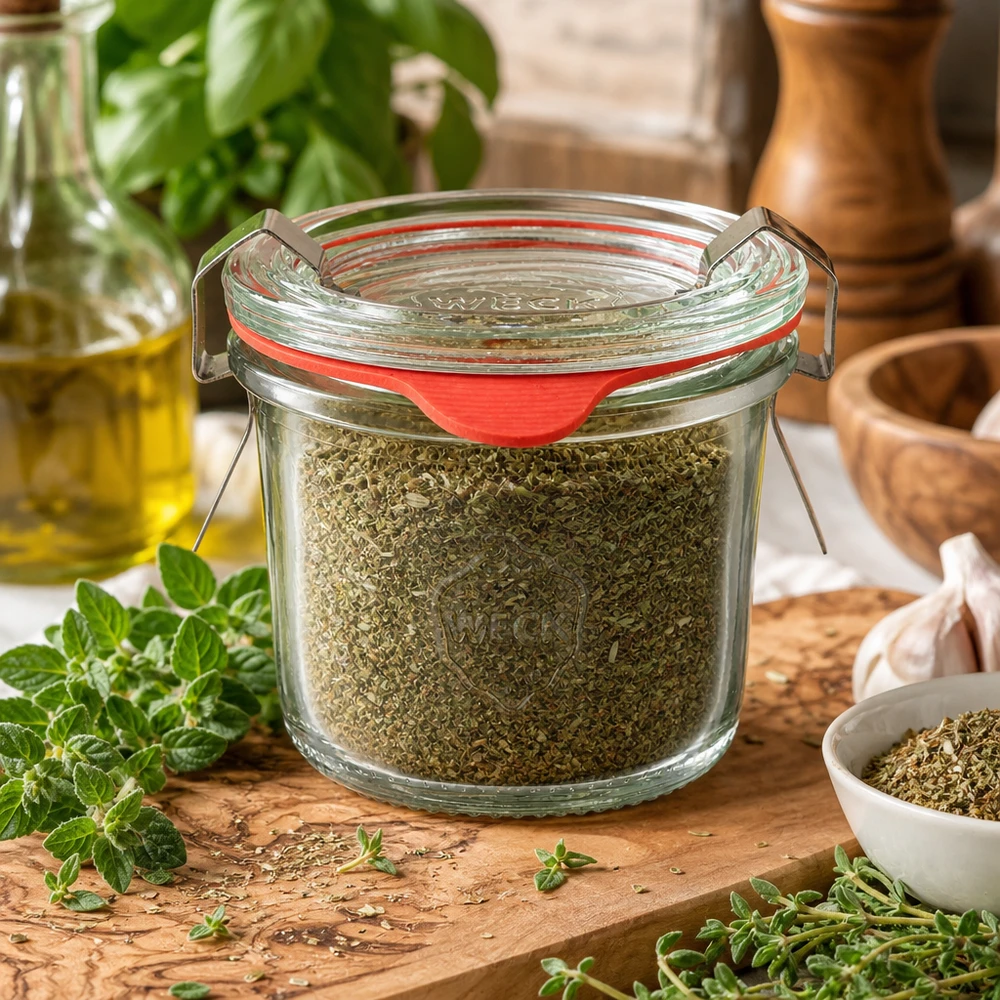 Compacte WECK-voorraadpot van 80 ml met kruiden, omringd door verse tijm en basilicum