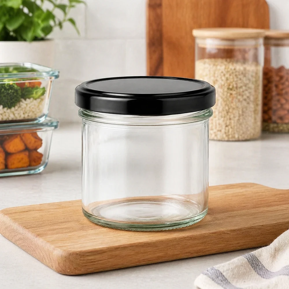 125ml mason pot met zwart BasicSeal deksel leeg op houten plank Keukenomgeving Voorraadpot Inmaakpot