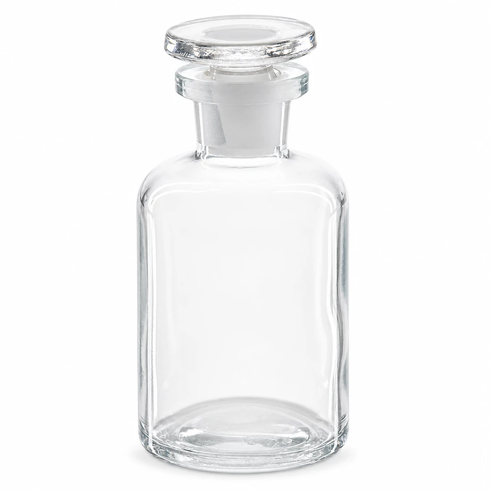 50 ml apothekersfles van helder glas, met ronde schouders en smalle hals, voorzien van een glazen stop